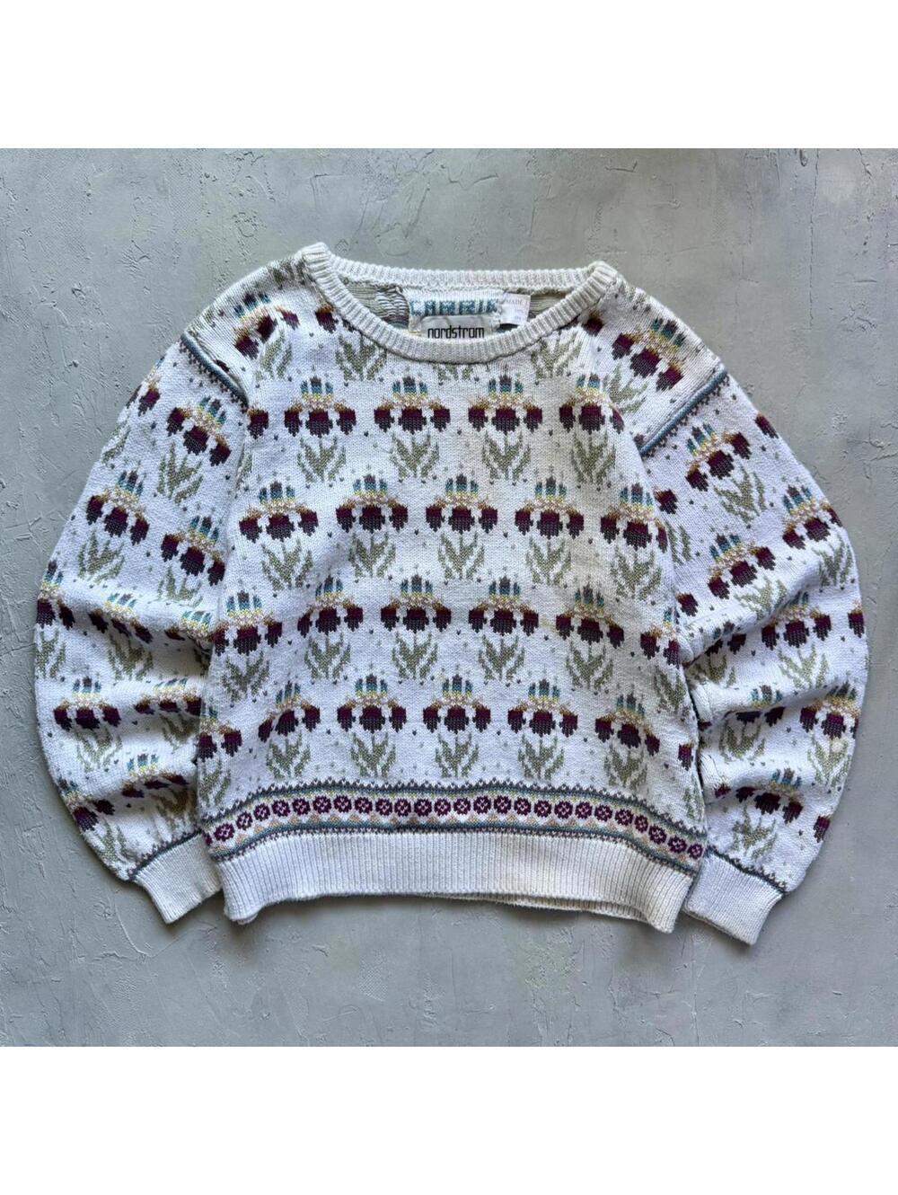 Vintage 1990s Flower Striped Cottagecore Womens Heavy Knit Sweater